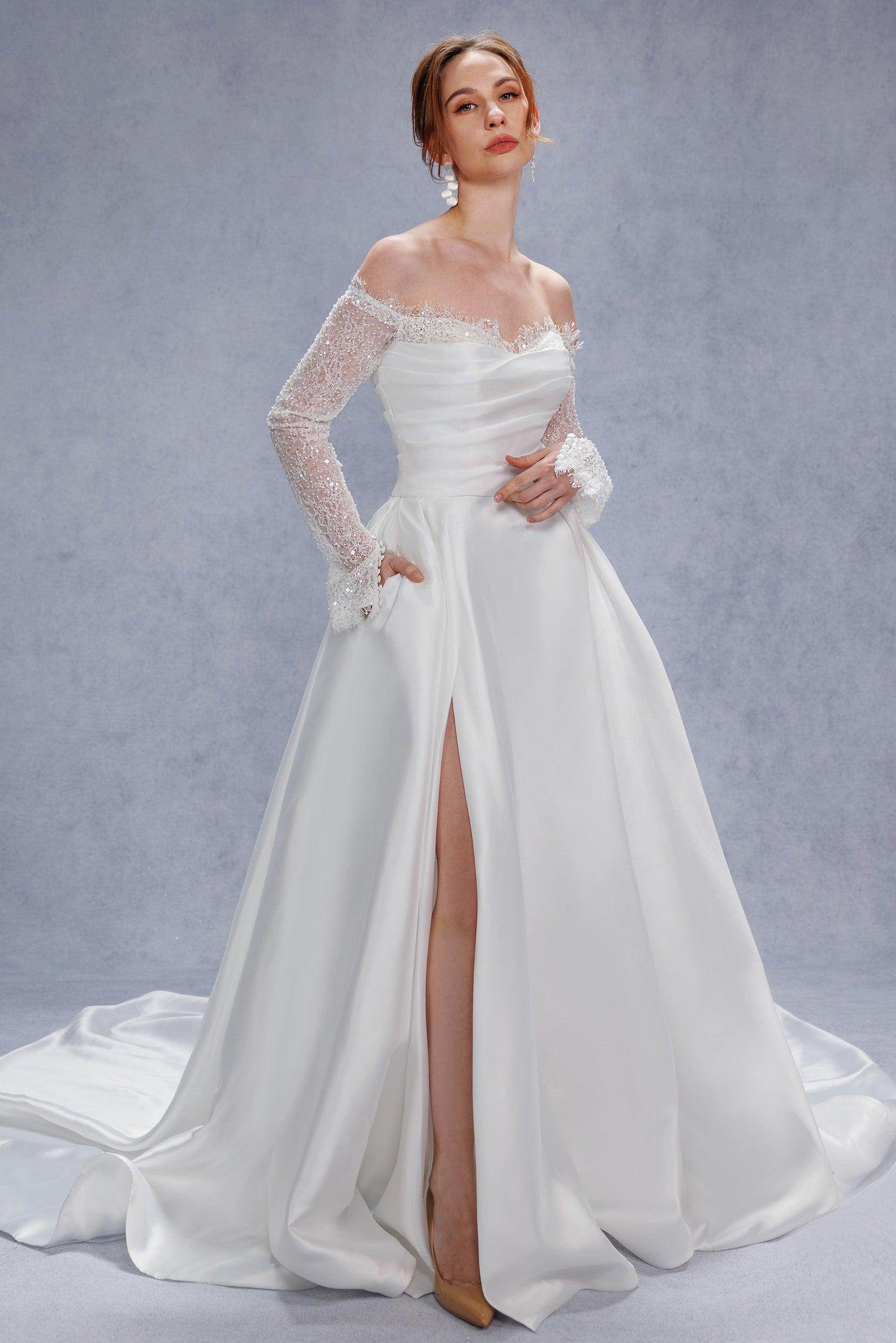 A-Line Court Train Mikado Lace Wedding Dress CW3335