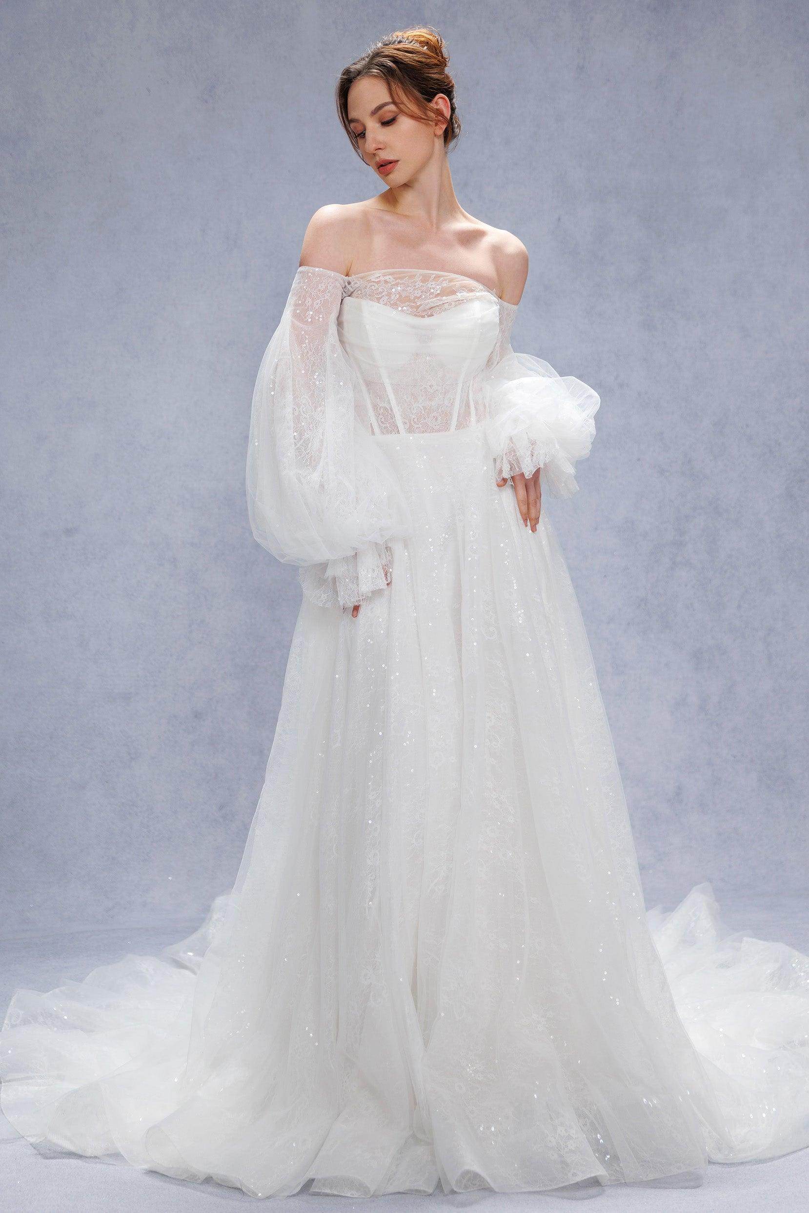 A-Line Court Train Lace Tulle Wedding Dress CW3337