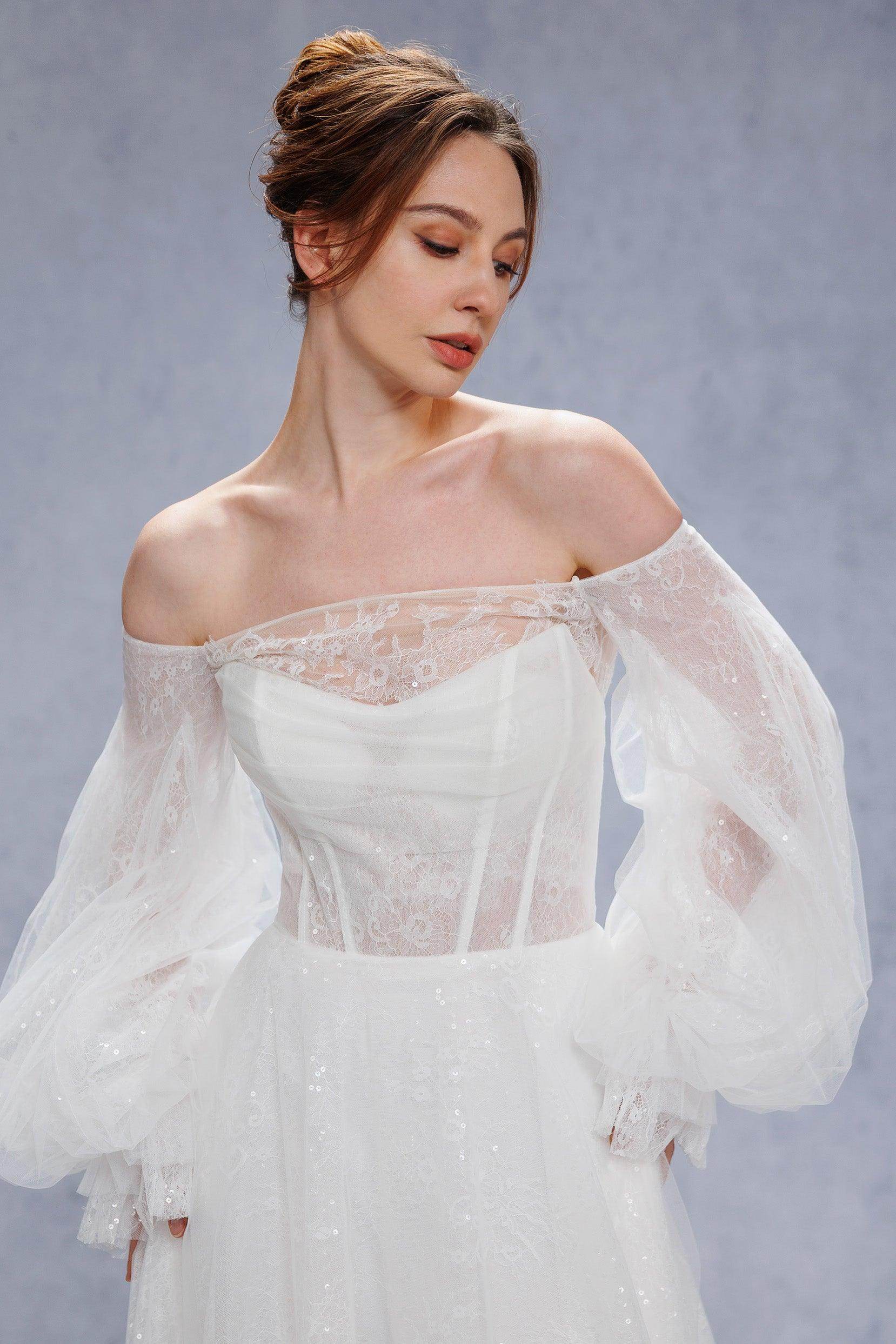 A-Line Court Train Lace Tulle Wedding Dress CW3337