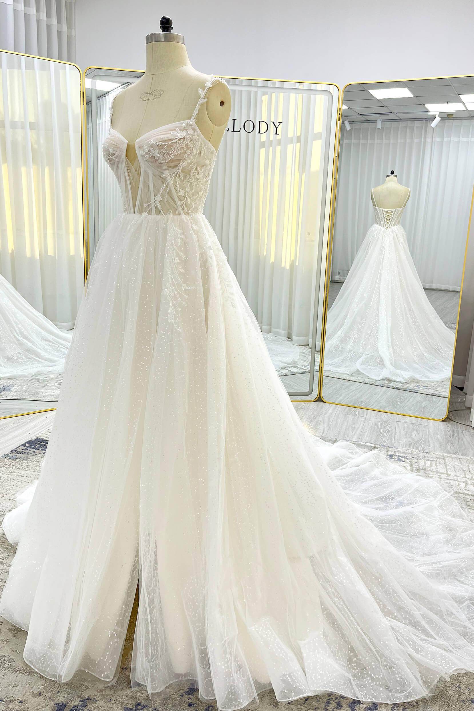 A-Line Court Train Sparkle Tulle Wedding Dress CW3338