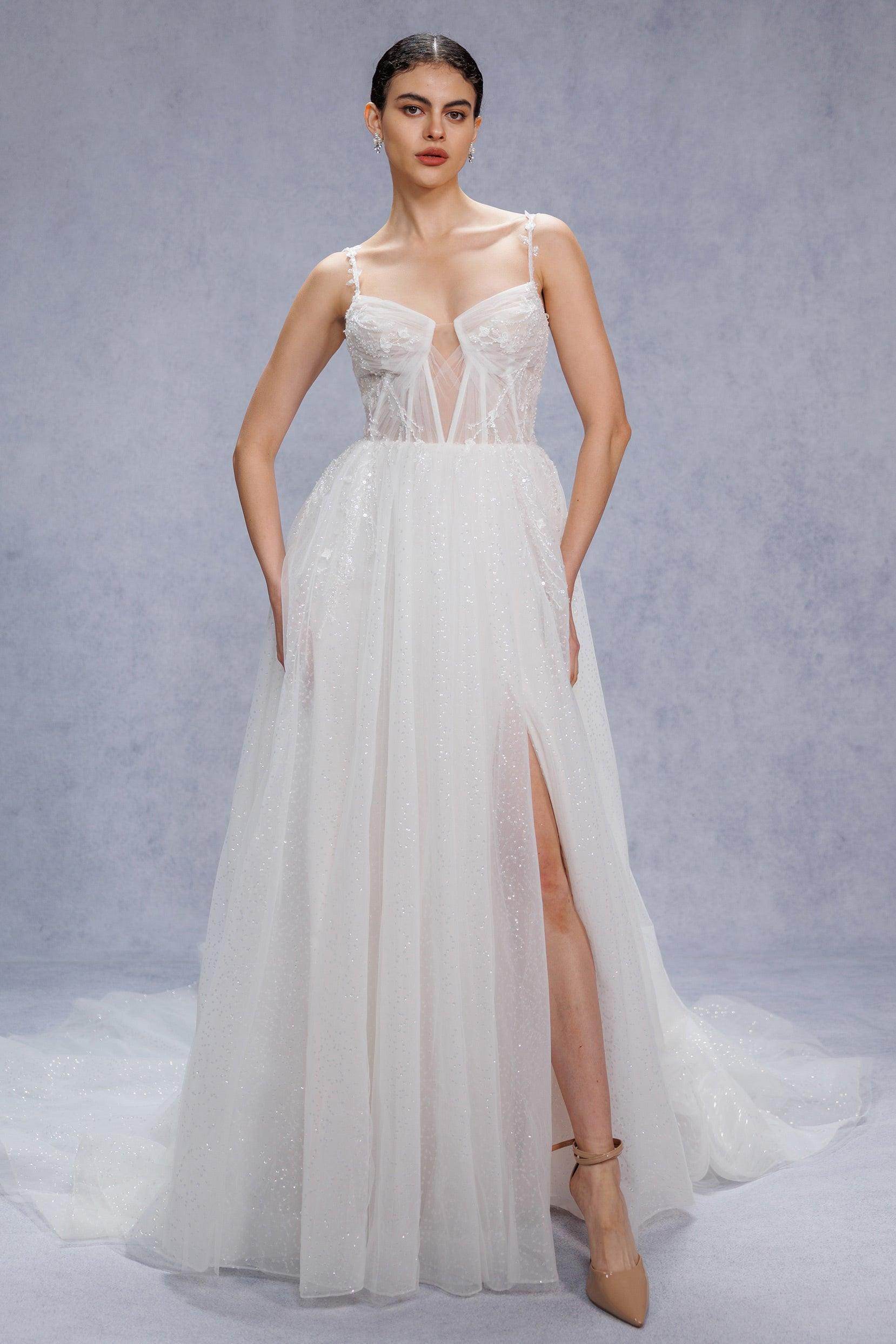 A-Line Court Train Sparkle Tulle Wedding Dress CW3338