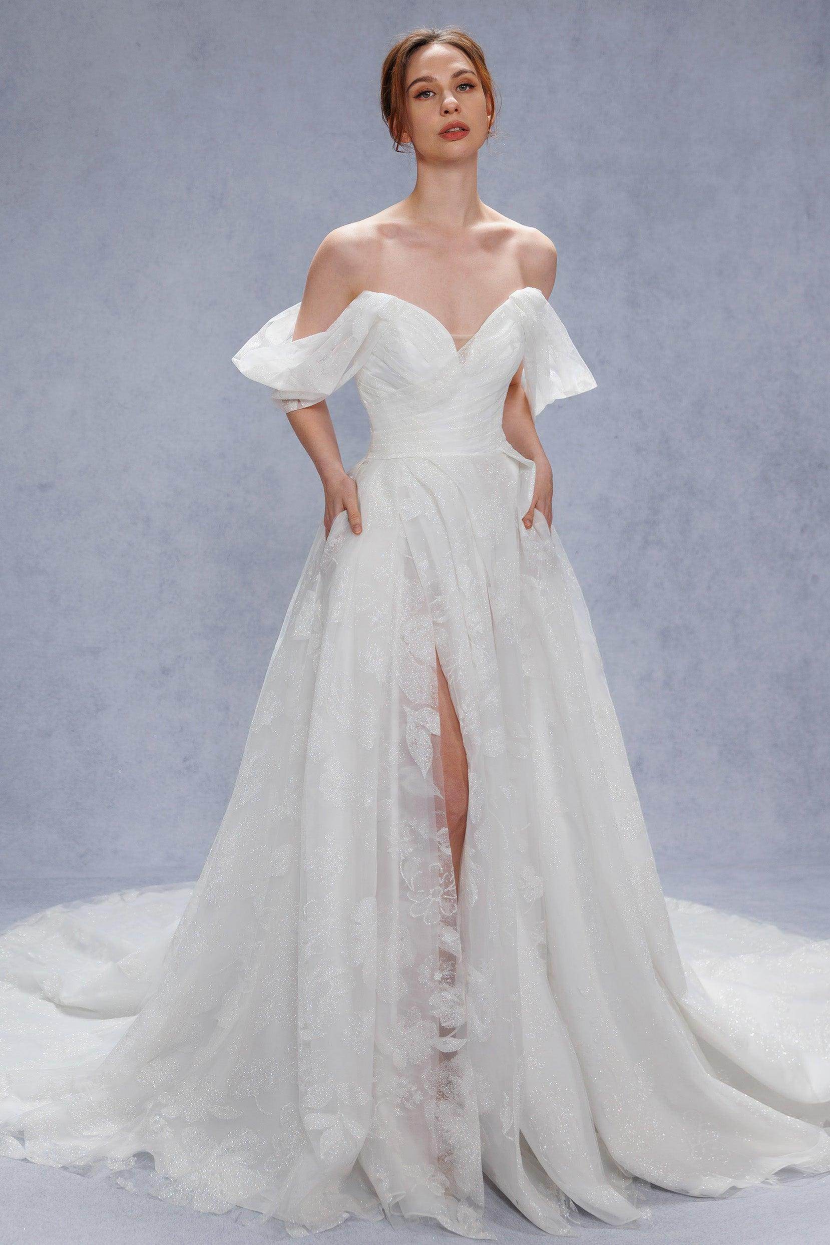 A-Line Court Train Glitter Wedding Dress CW3340