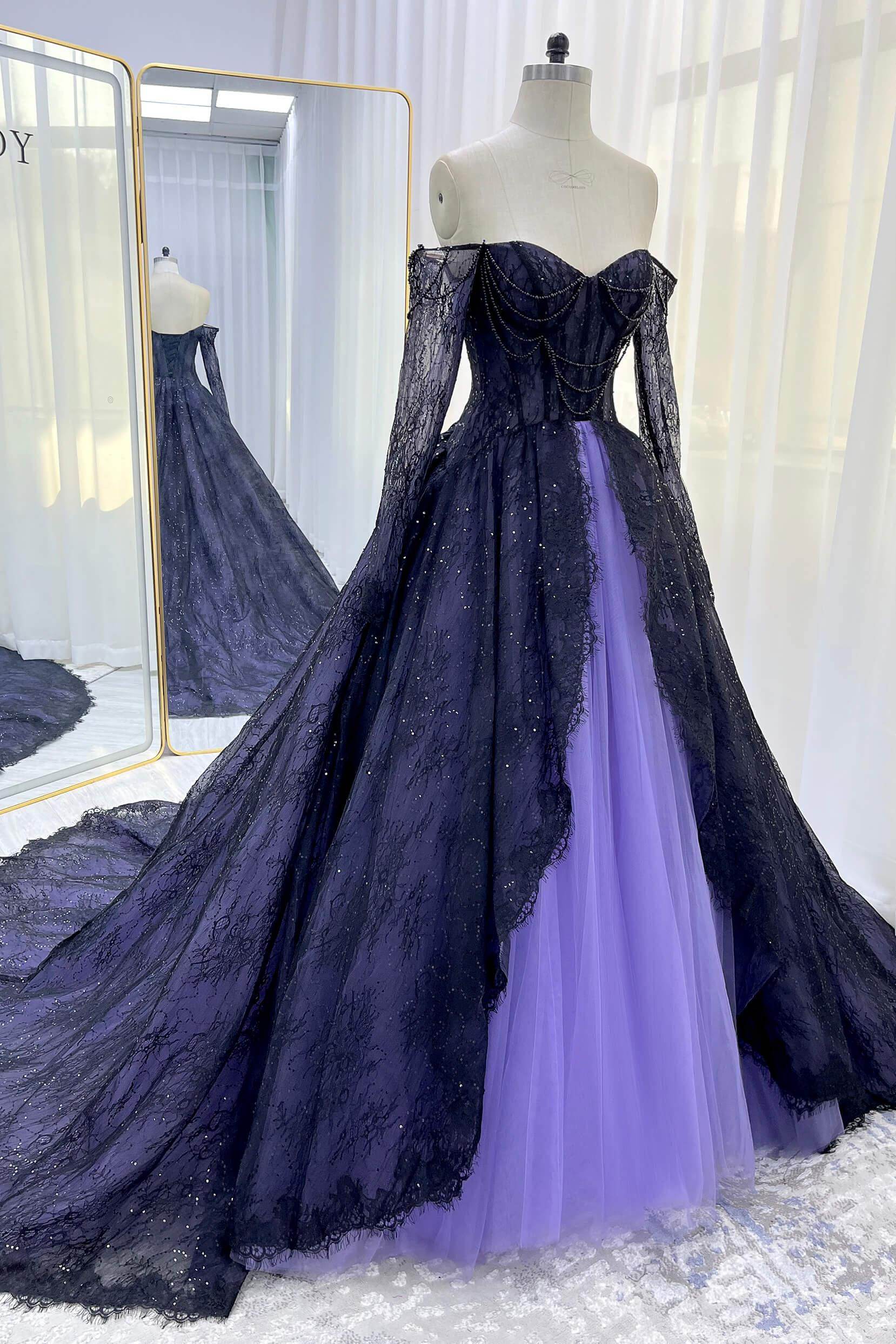 A-Line Chapel Train Sequined Lace Tulle Wedding Dress CW3351