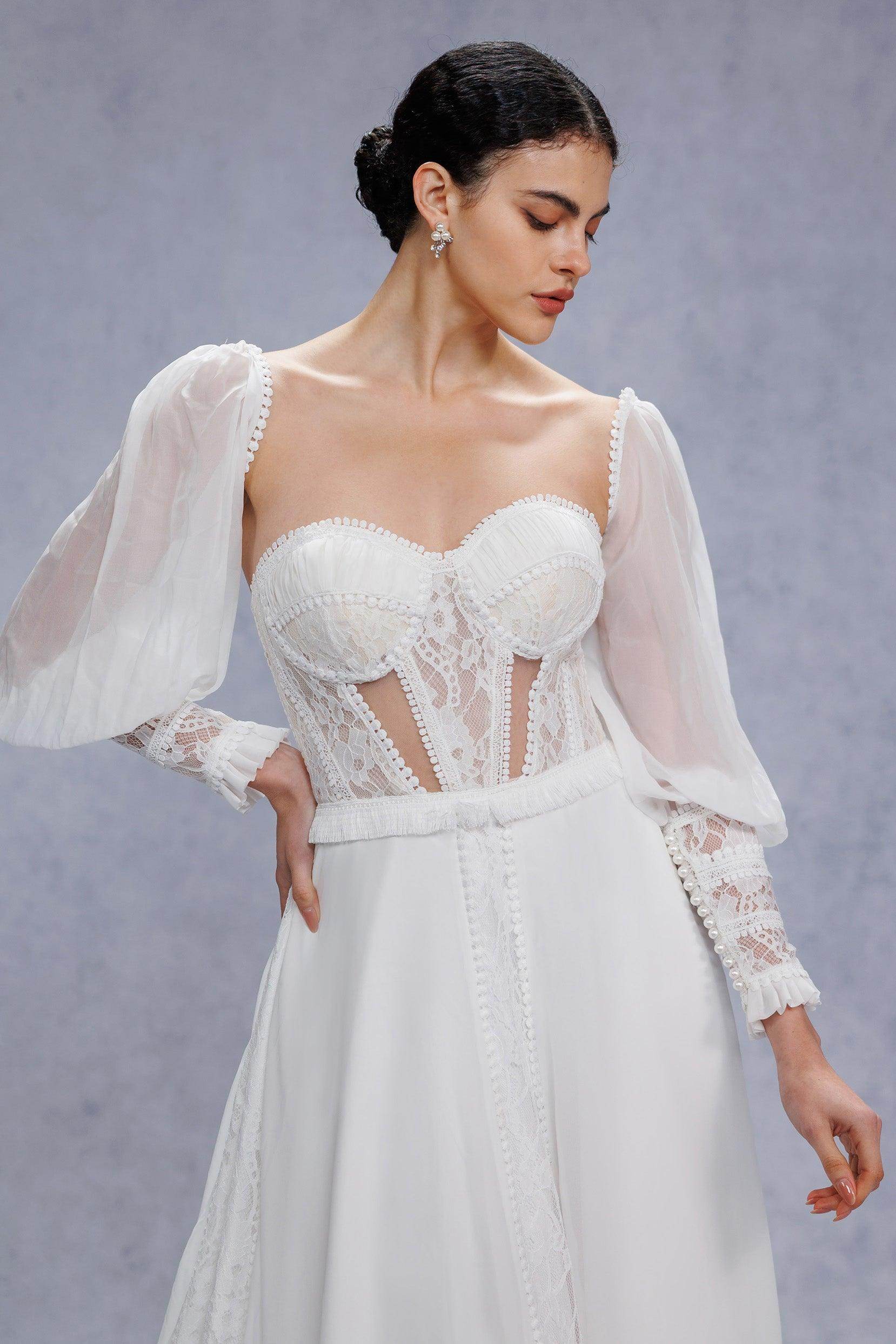 A-Line Court Train Chiffon Lace Wedding Dress CW3357