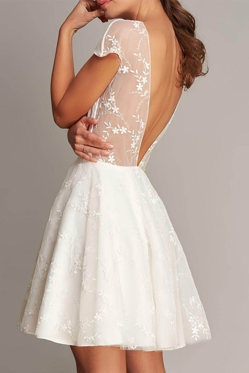 Knee-Length Wedding Dress with V-Neck Lace Appliques CW3376