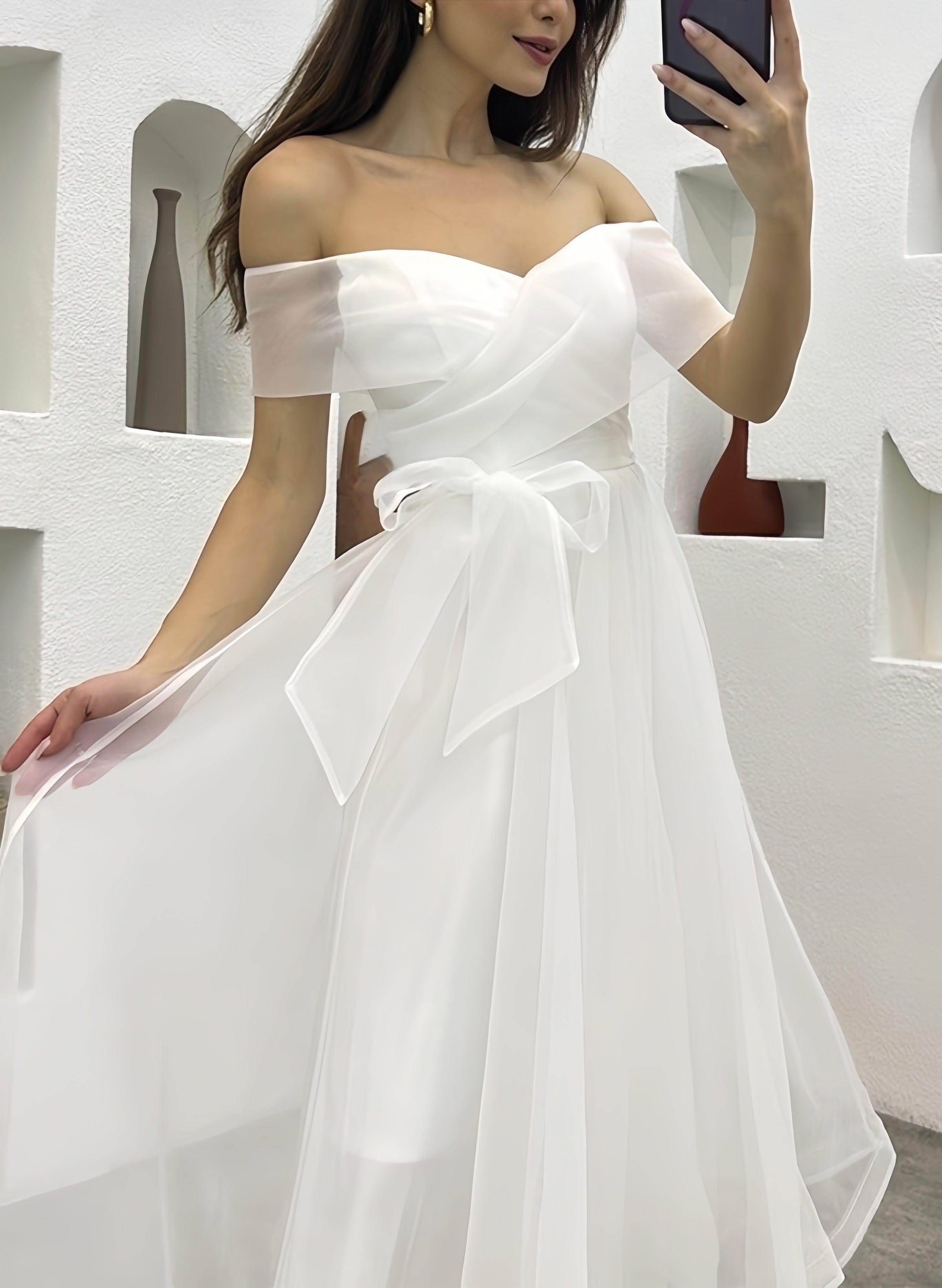 Off The Shoulder Organza Tea-Length Little White Dress CW3380