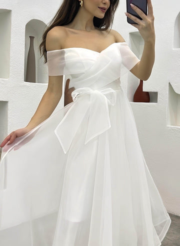Off The Shoulder Organza Tea-Length Little White Dress CW3380