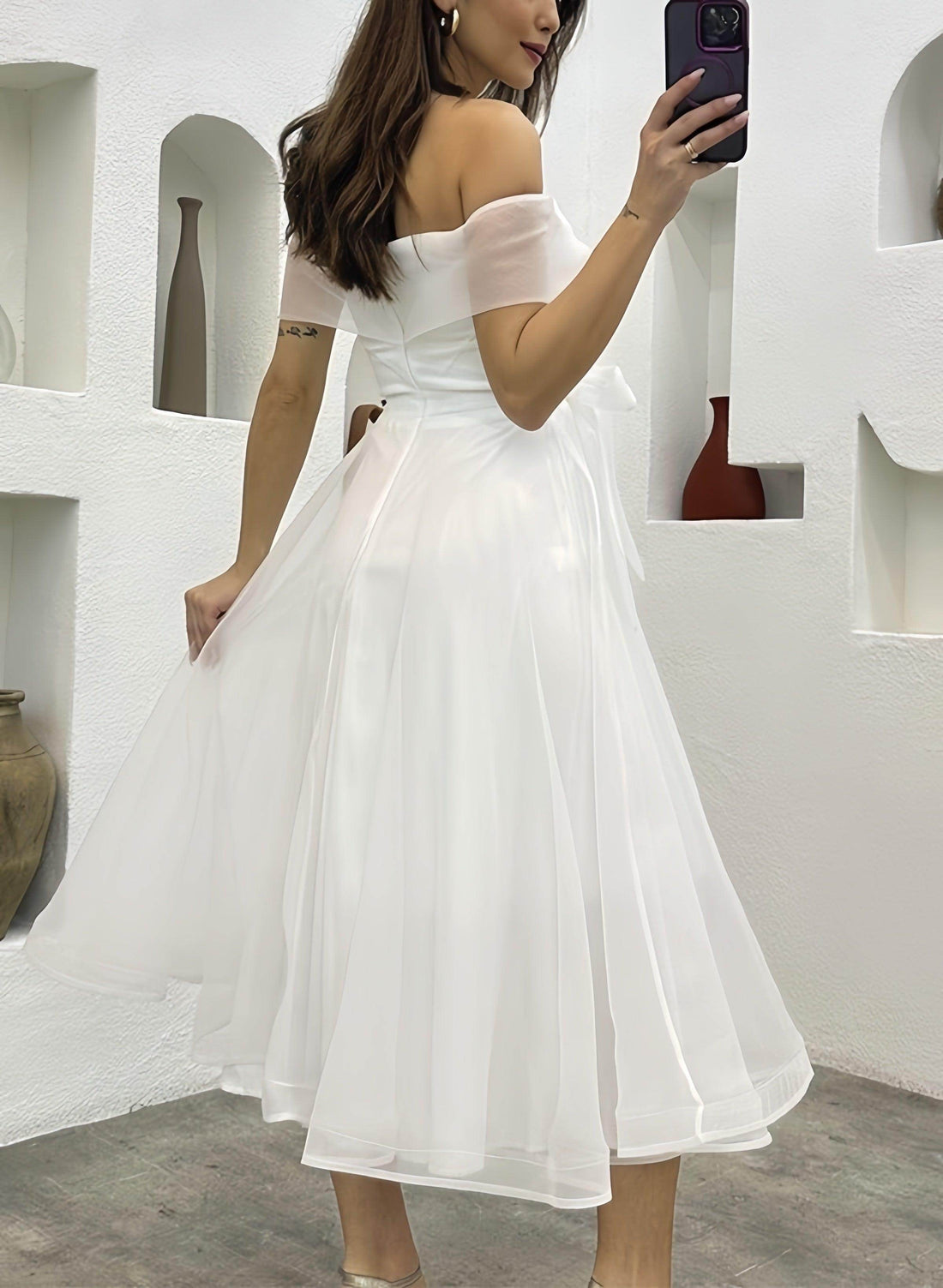 Off The Shoulder Organza Tea-Length Little White Dress CW3380