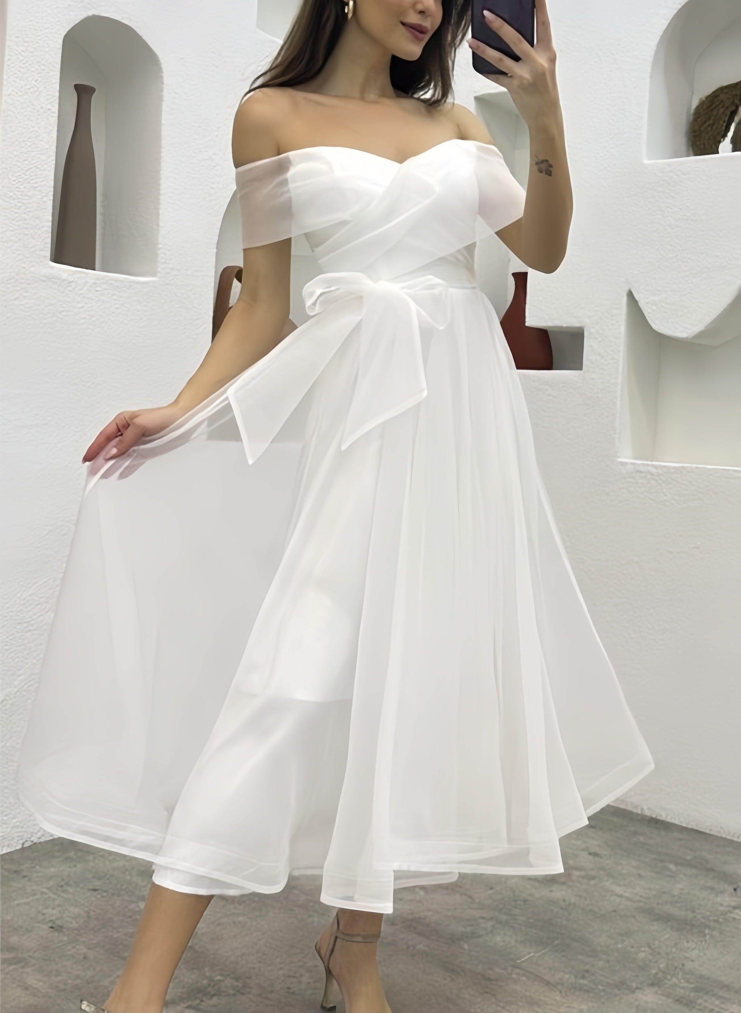 Off The Shoulder Organza Tea-Length Little White Dress CW3380