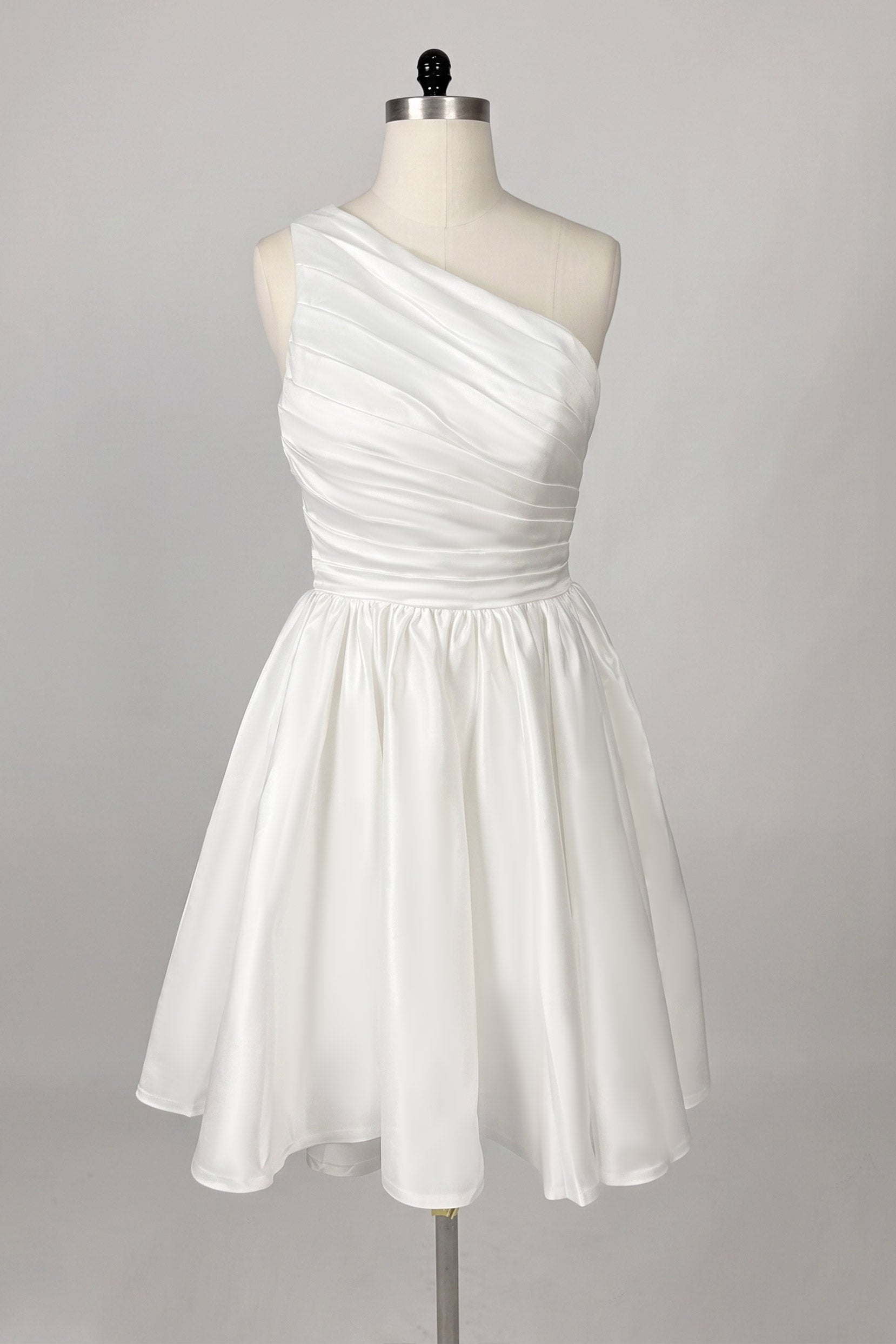 One Shoulder Satin Knee-Length Little White Dress CW3382