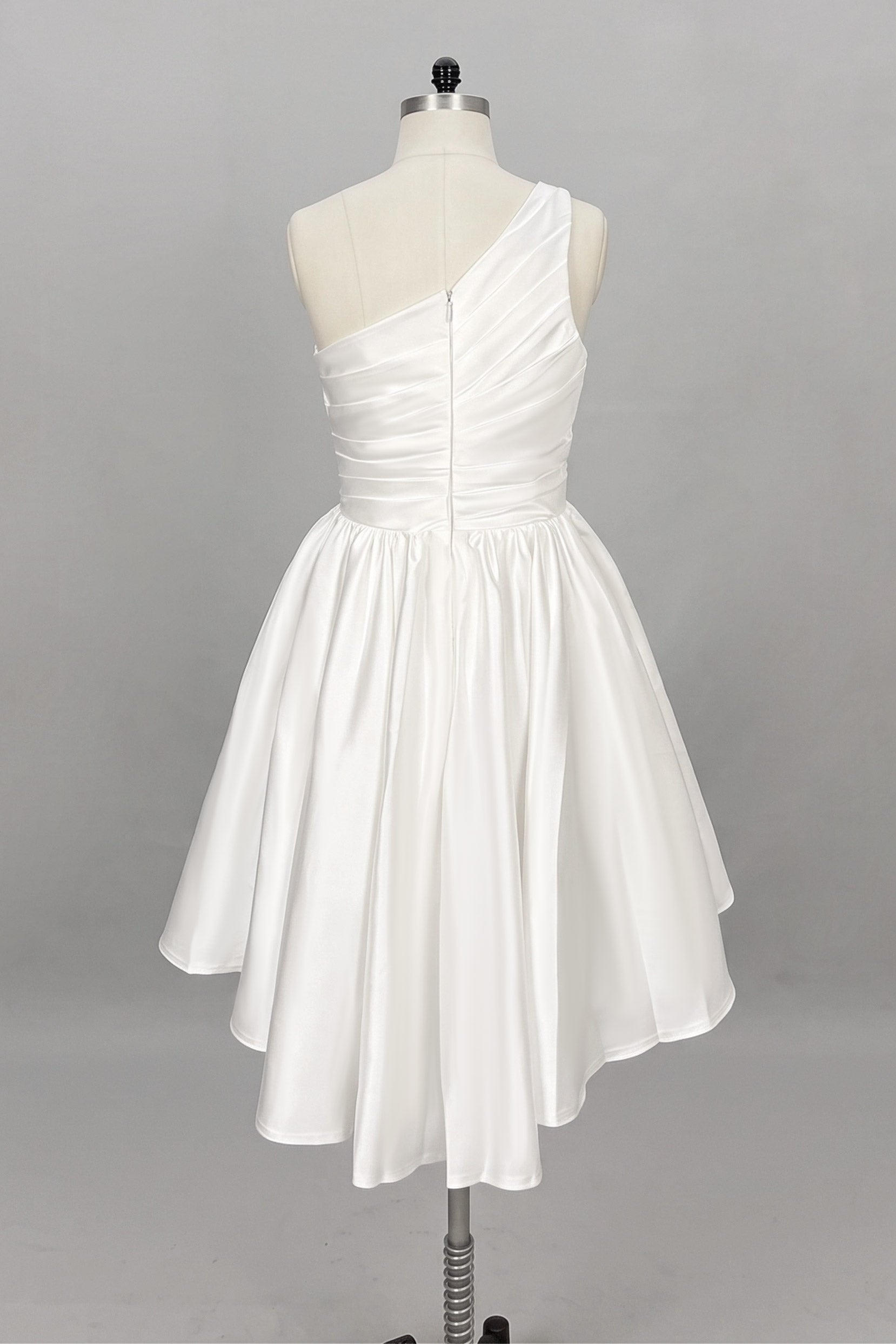 One Shoulder Satin Knee-Length Little White Dress CW3382