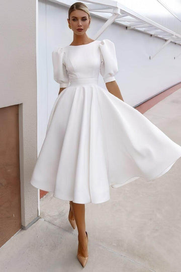 Short Sleeve Satin Tea-Length Little White Dress CW3384
