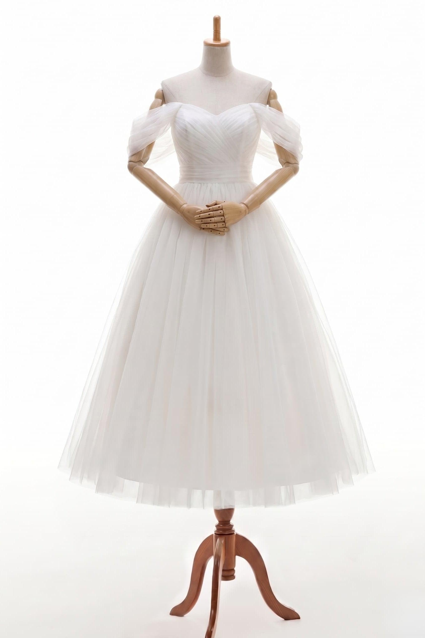 Off-The-Shoulder Sleeveless Tulle Little White Dress CW3387