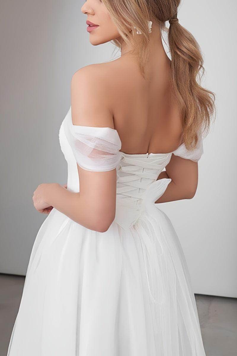 Off-The-Shoulder Sleeveless Tulle Little White Dress CW3387