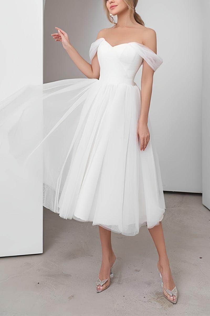 Off-The-Shoulder Sleeveless Tulle Little White Dress CW3387