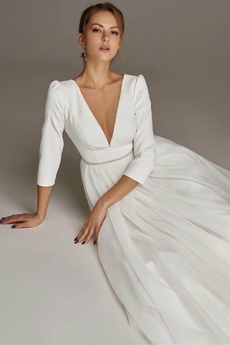 A-Line V-Neck Beaded Stretch Satin Tulle Ankle-Length Dress CW3391