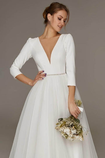 A-Line V-Neck Beaded Stretch Satin Tulle Ankle-Length Dress CW3391