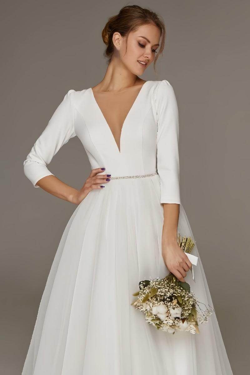 A-Line V-Neck Beaded Stretch Satin Tulle Ankle-Length Dress CW3391
