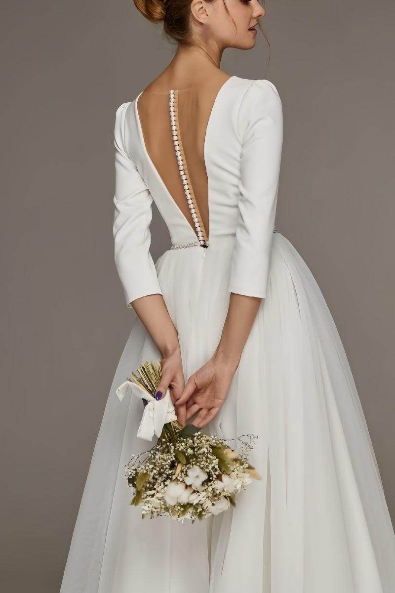 A-Line V-Neck Beaded Stretch Satin Tulle Ankle-Length Dress CW3391