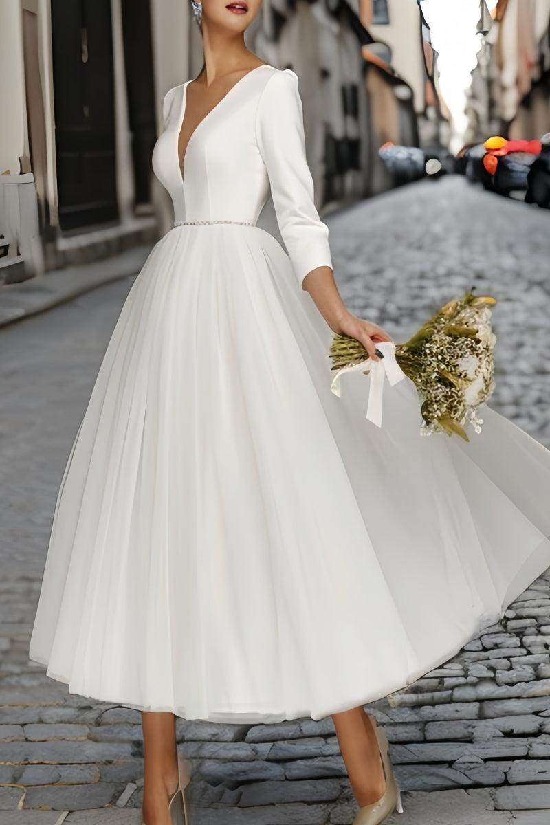 A-Line V-Neck Beaded Stretch Satin Tulle Ankle-Length Dress CW3391
