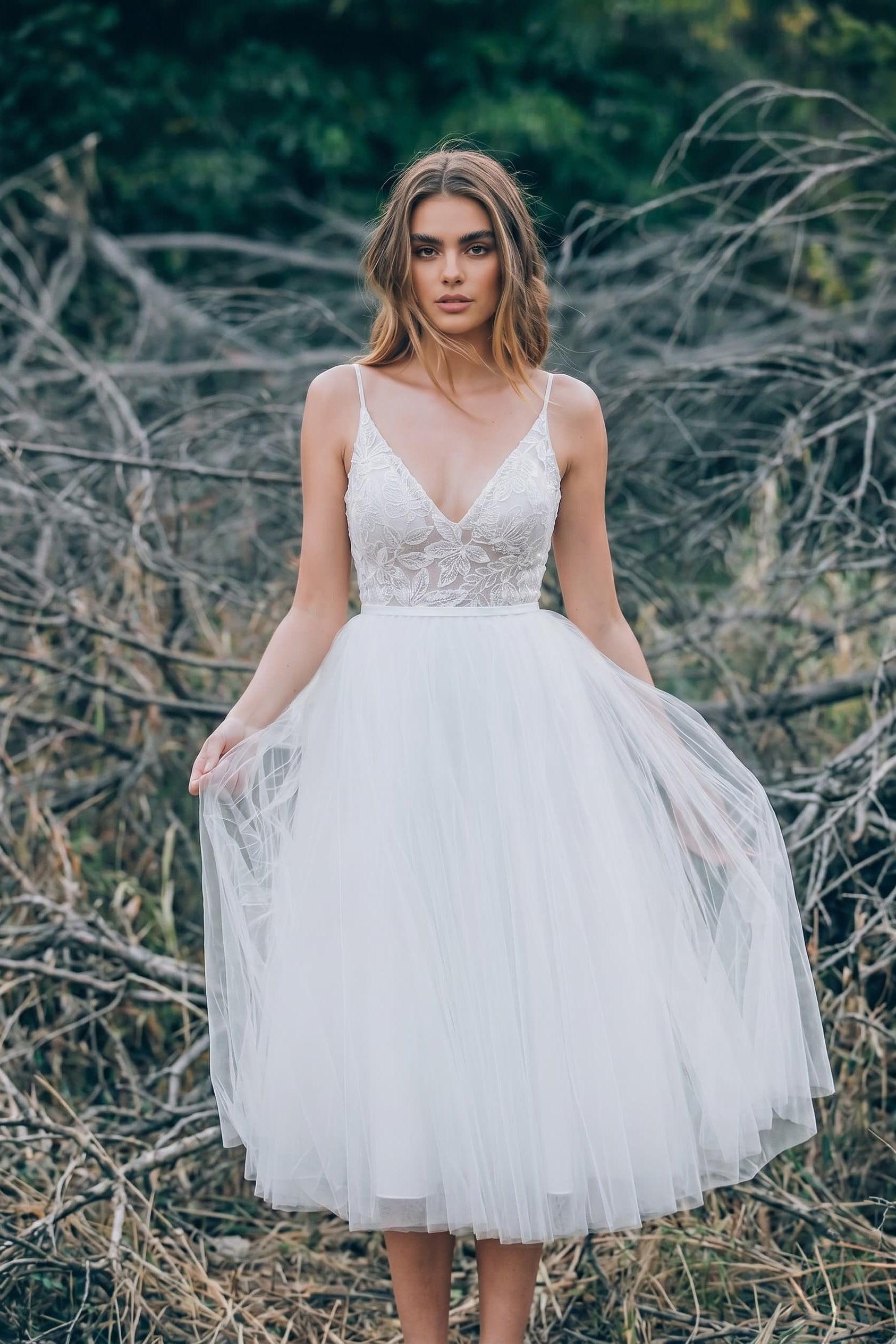Boho Lace Tea-Length Backless Dress for Reception CW3396