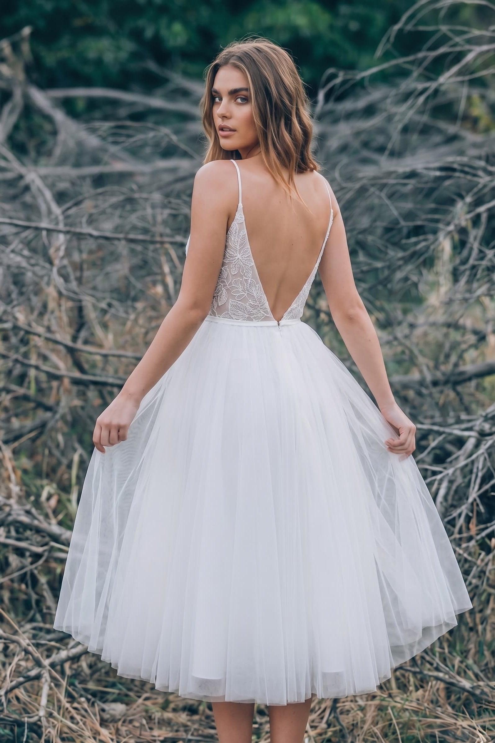 Boho Lace Tea-Length Backless Dress for Reception CW3396