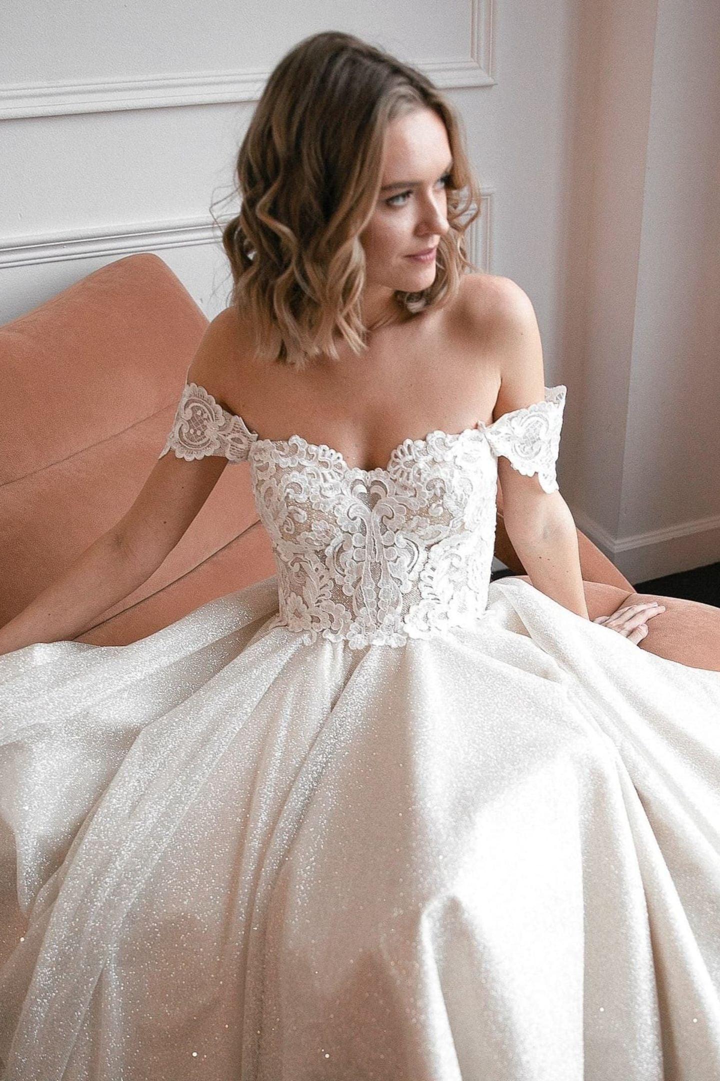 A-Line Off The Shoulder Tea-Length Wedding Dress CW3397