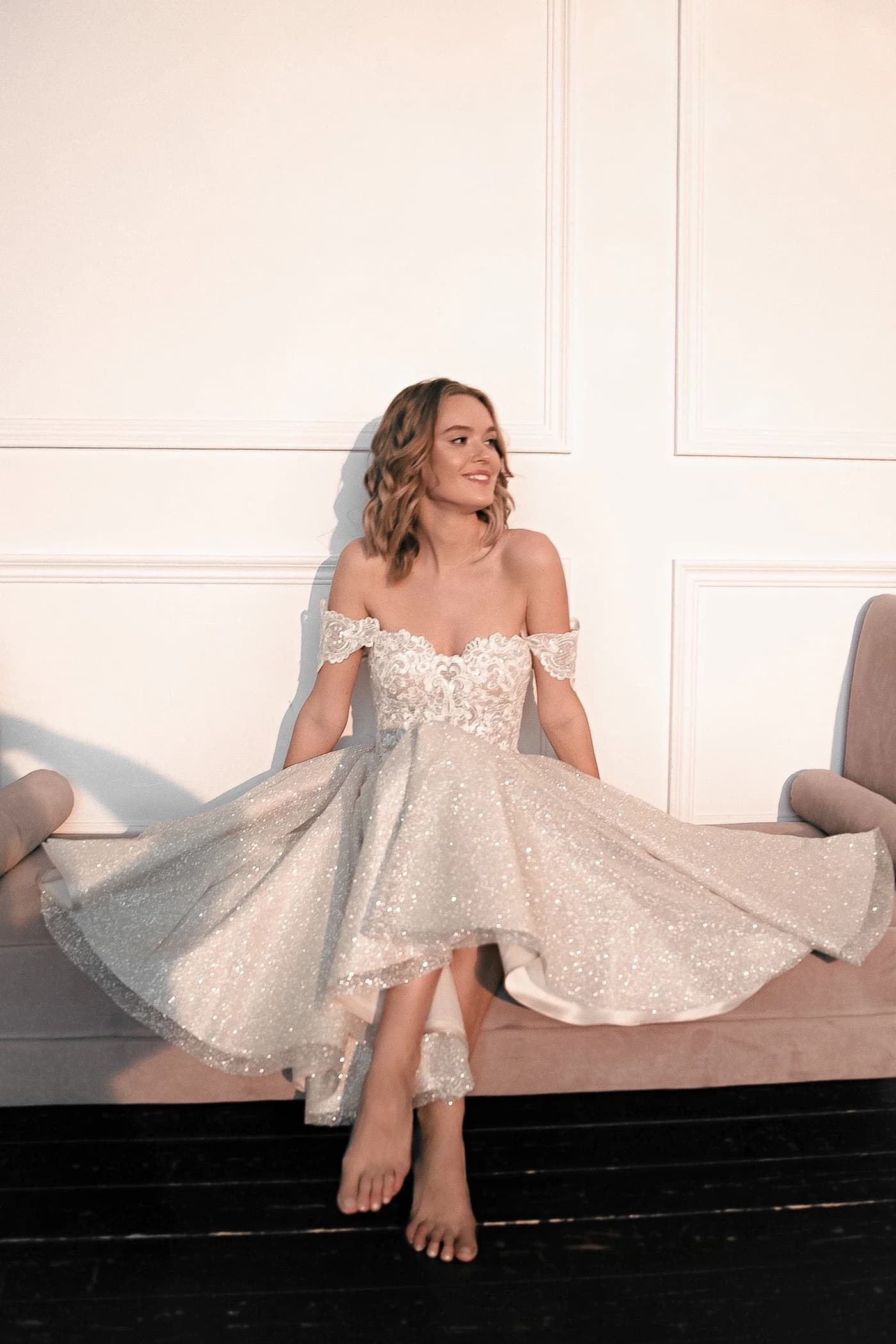 A-Line Off The Shoulder Tea-Length Wedding Dress CW3397