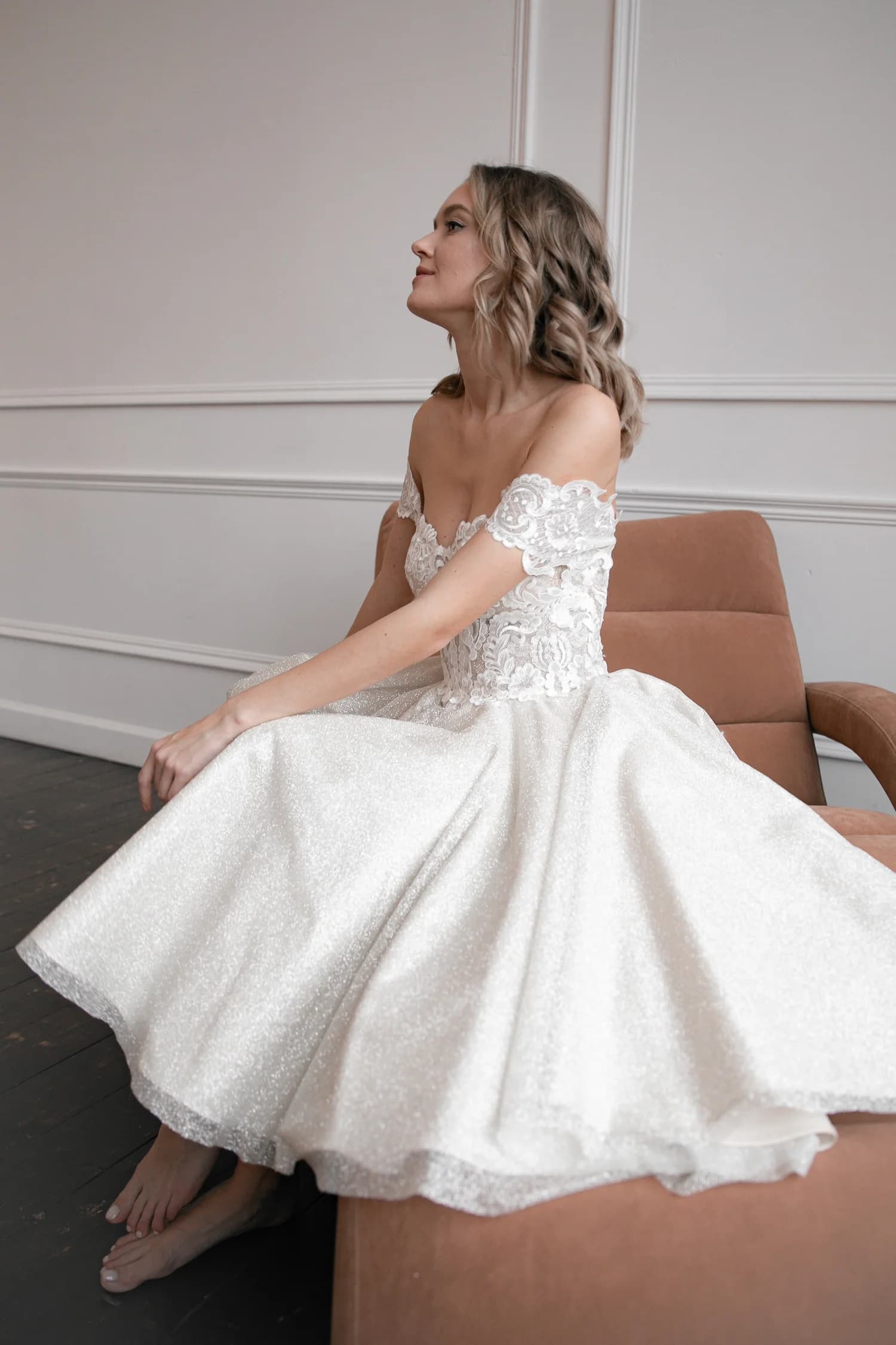 A-Line Off The Shoulder Tea-Length Wedding Dress CW3397