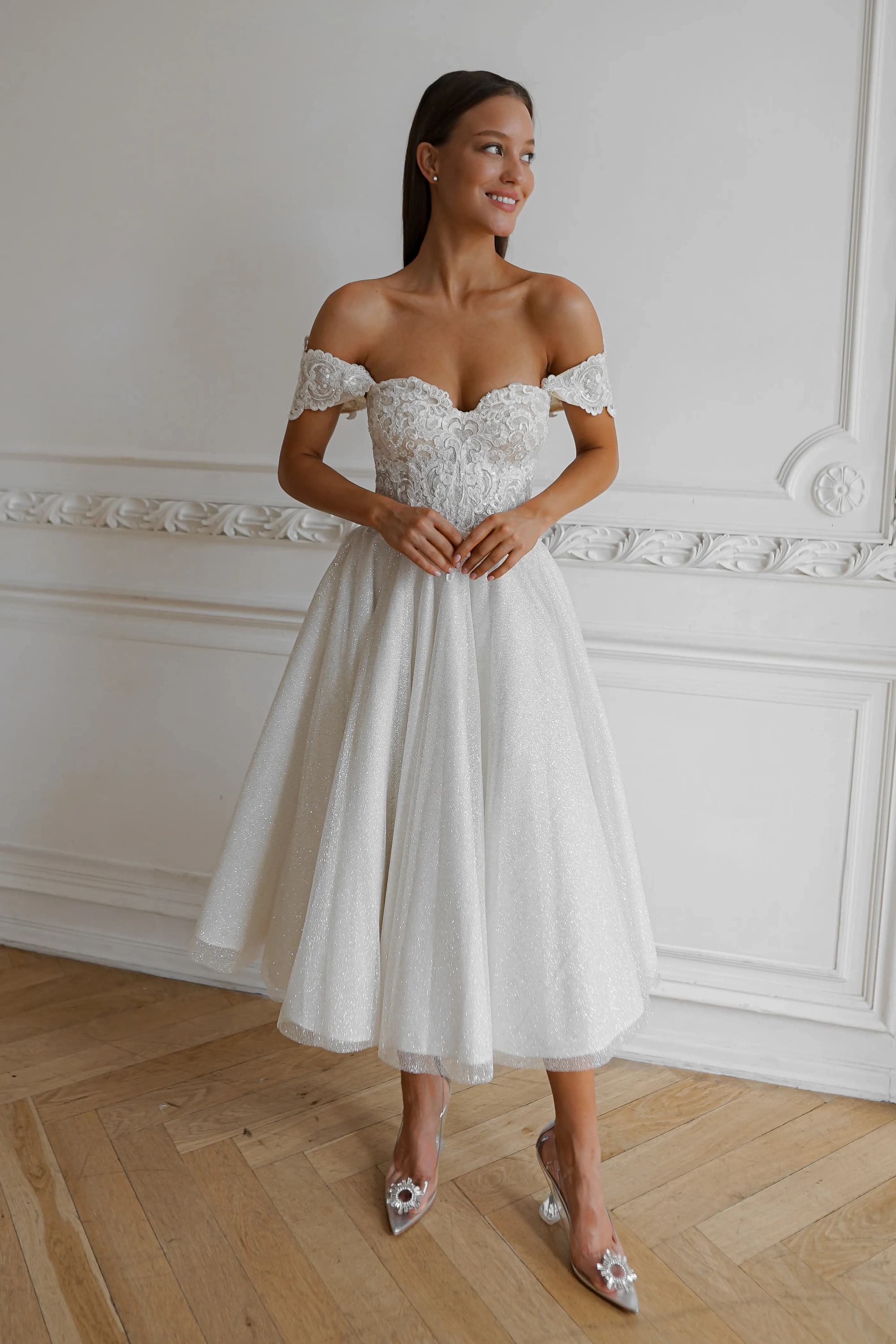 A-Line Off The Shoulder Tea-Length Wedding Dress CW3397
