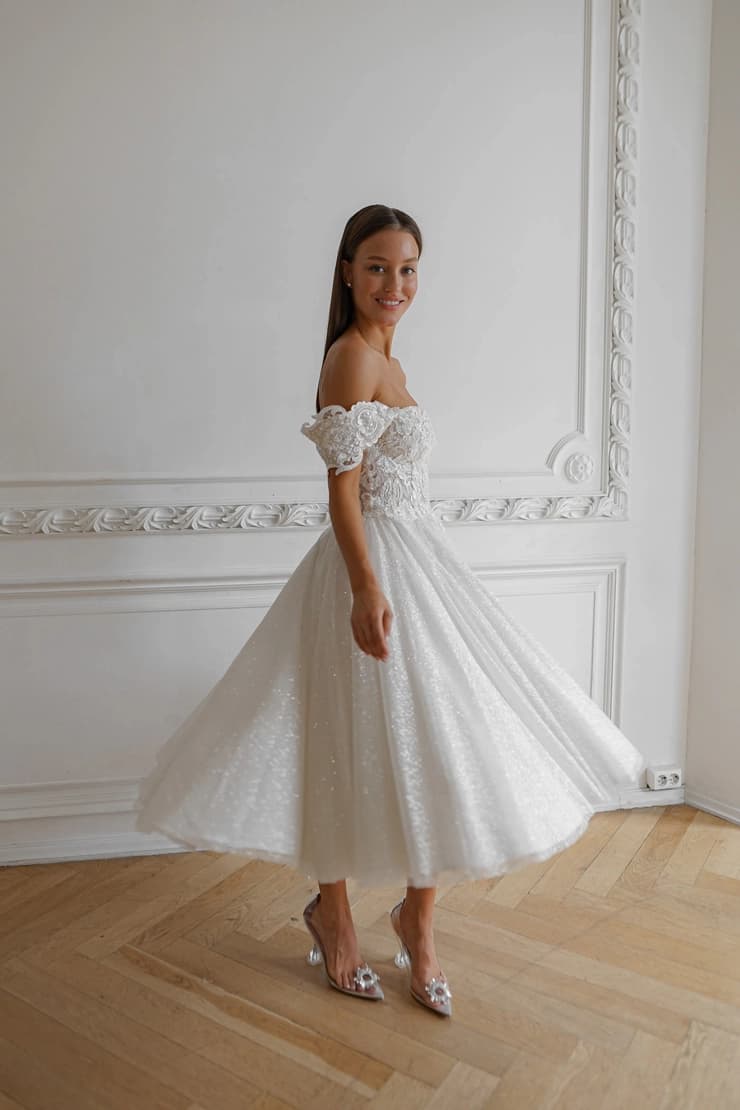 A-Line Off The Shoulder Tea-Length Wedding Dress CW3397