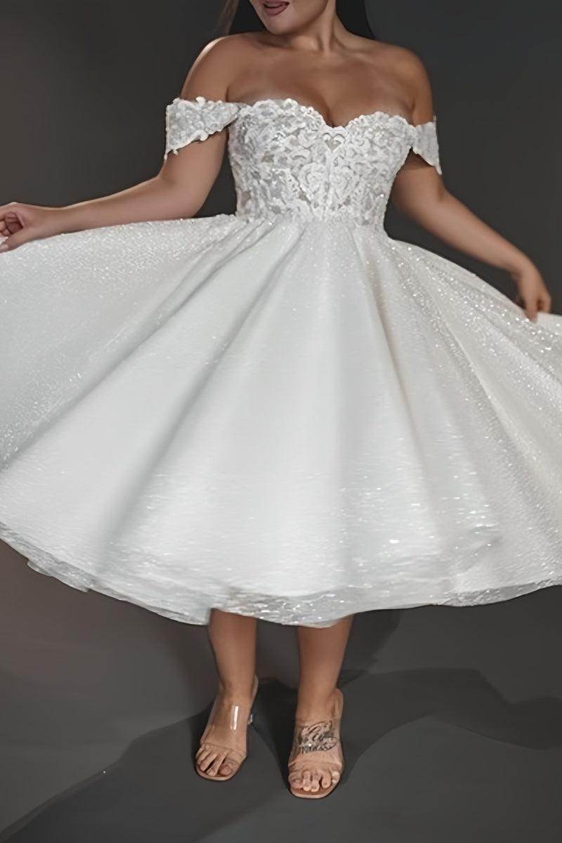 A-Line Off The Shoulder Tea-Length Wedding Dress CW3397