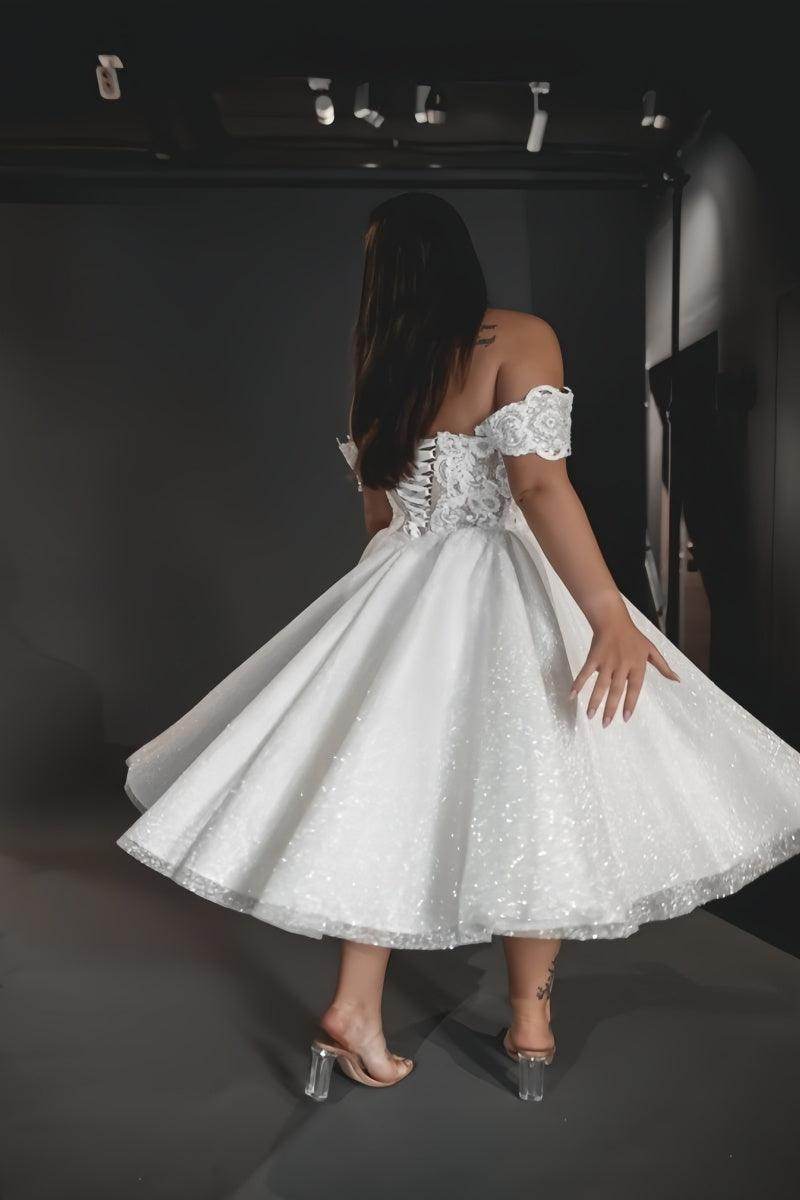 A-Line Off The Shoulder Tea-Length Wedding Dress CW3397