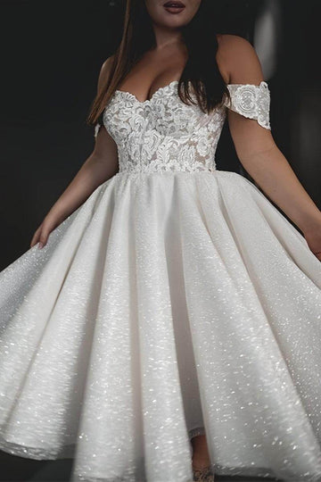 A-Line Off The Shoulder Tea-Length Wedding Dress CW3397