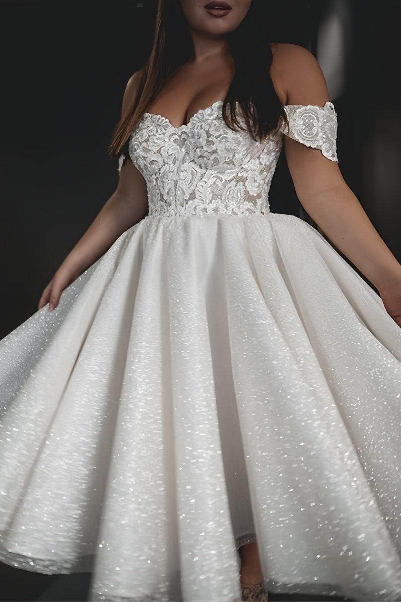 A-Line Off The Shoulder Tea-Length Wedding Dress CW3397
