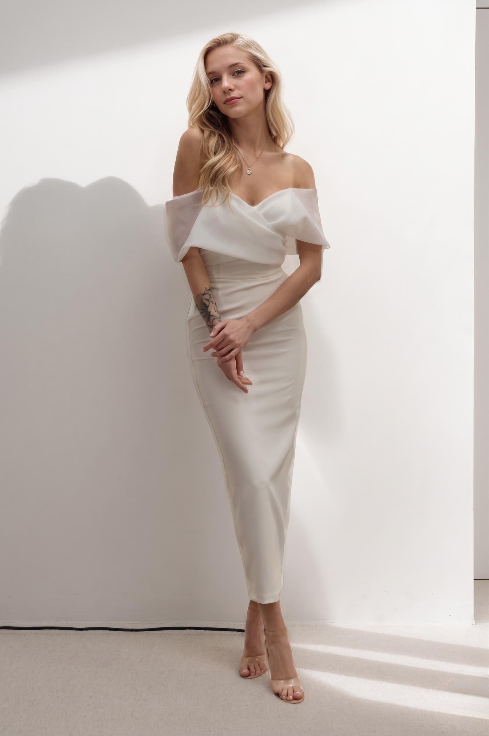 Sheath-Column Tea Length Elastic Cloth Wedding Dress CW3402