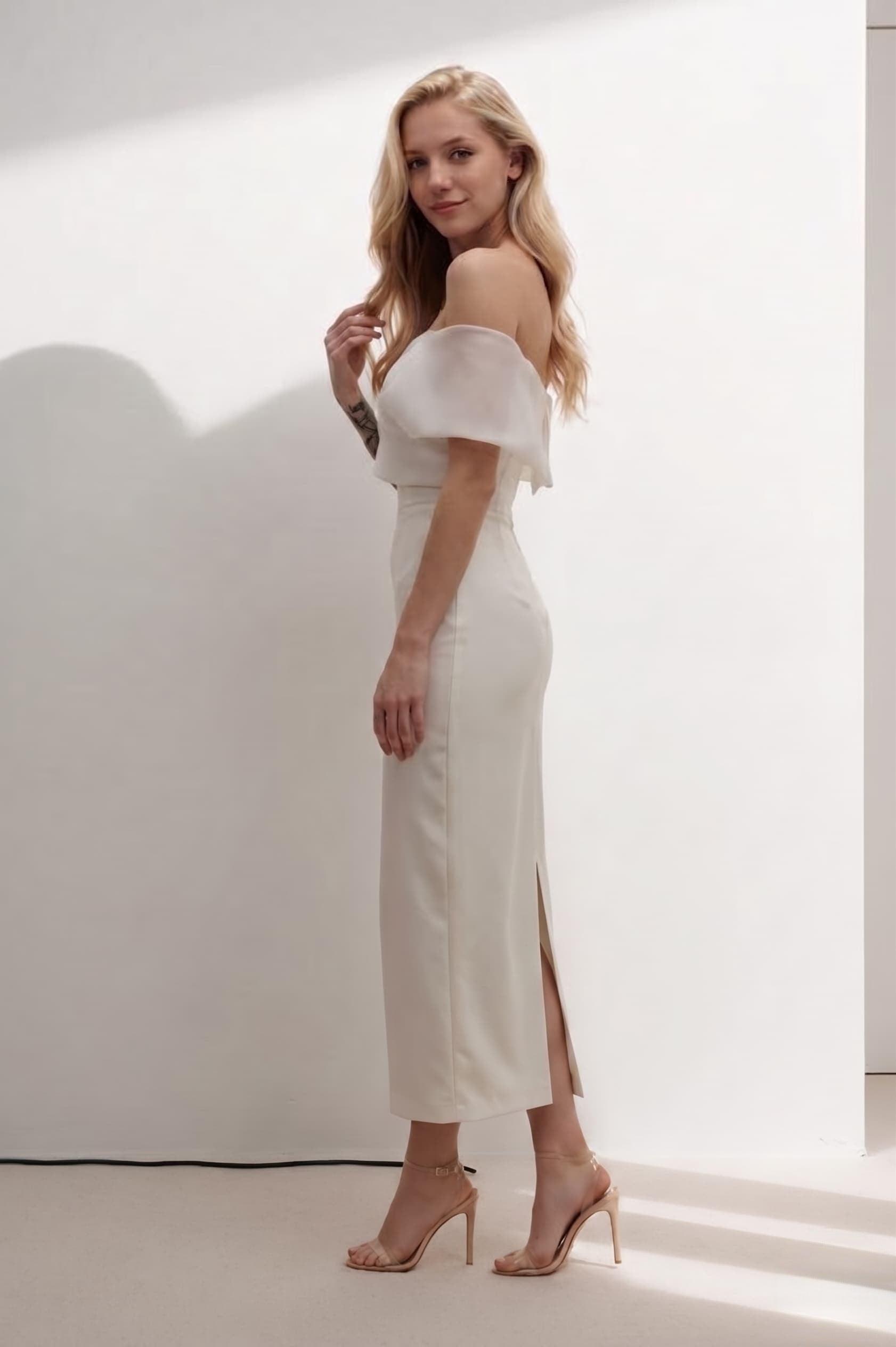 Sheath-Column Tea Length Elastic Cloth Wedding Dress CW3402