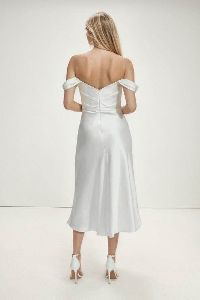 A-Line Tea Length Satin Wedding Dress CW3420