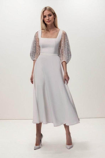 A-Line Tea Length Chiffon Elastic Cloth Wedding Dress CW3422