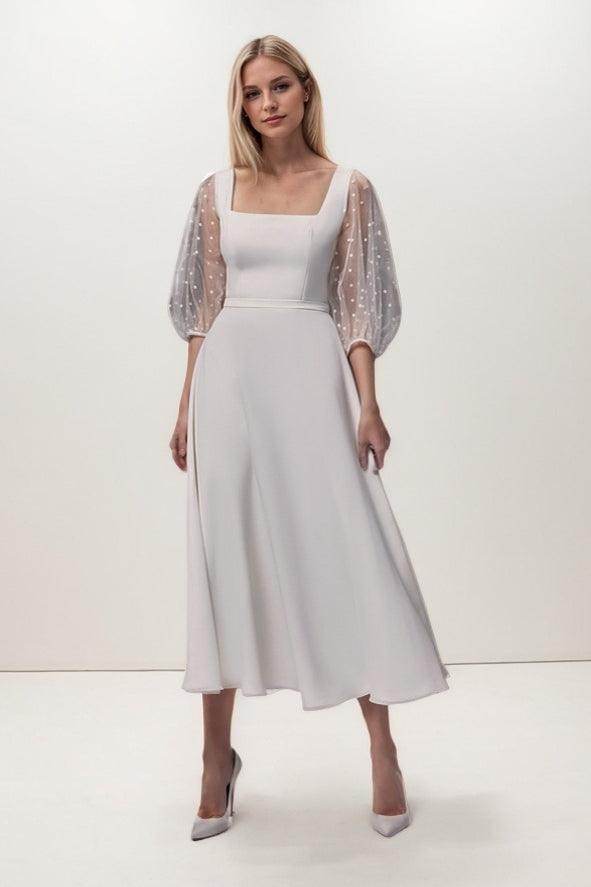 A-Line Tea Length Chiffon Elastic Cloth Wedding Dress CW3422