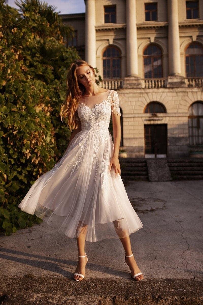 A-Line Tea Length Lace Tulle Wedding Dress CW3427