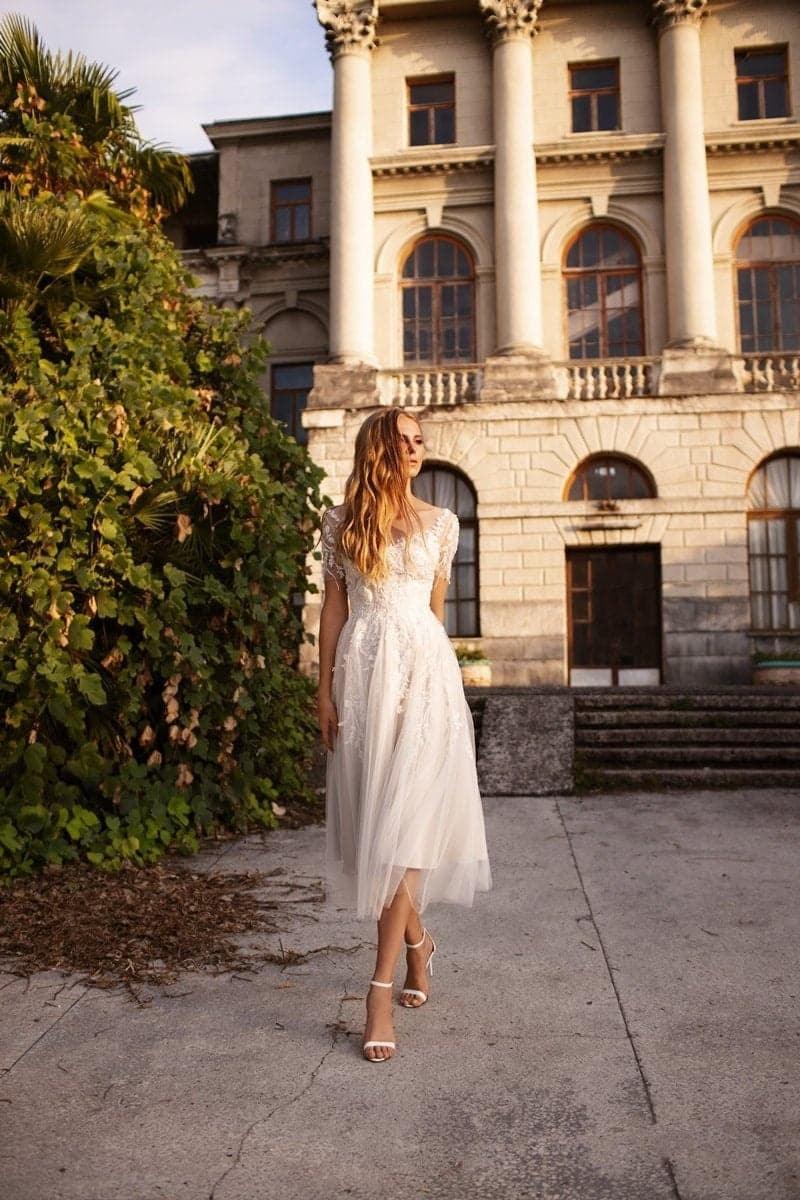 A-Line Tea Length Lace Tulle Wedding Dress CW3427