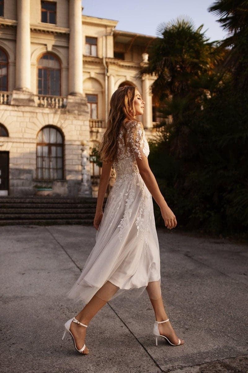A-Line Tea Length Lace Tulle Wedding Dress CW3427