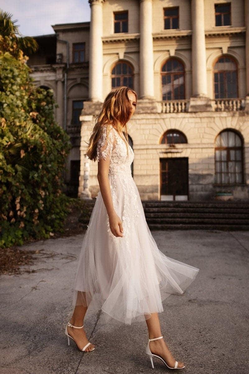 A-Line Tea Length Lace Tulle Wedding Dress CW3427