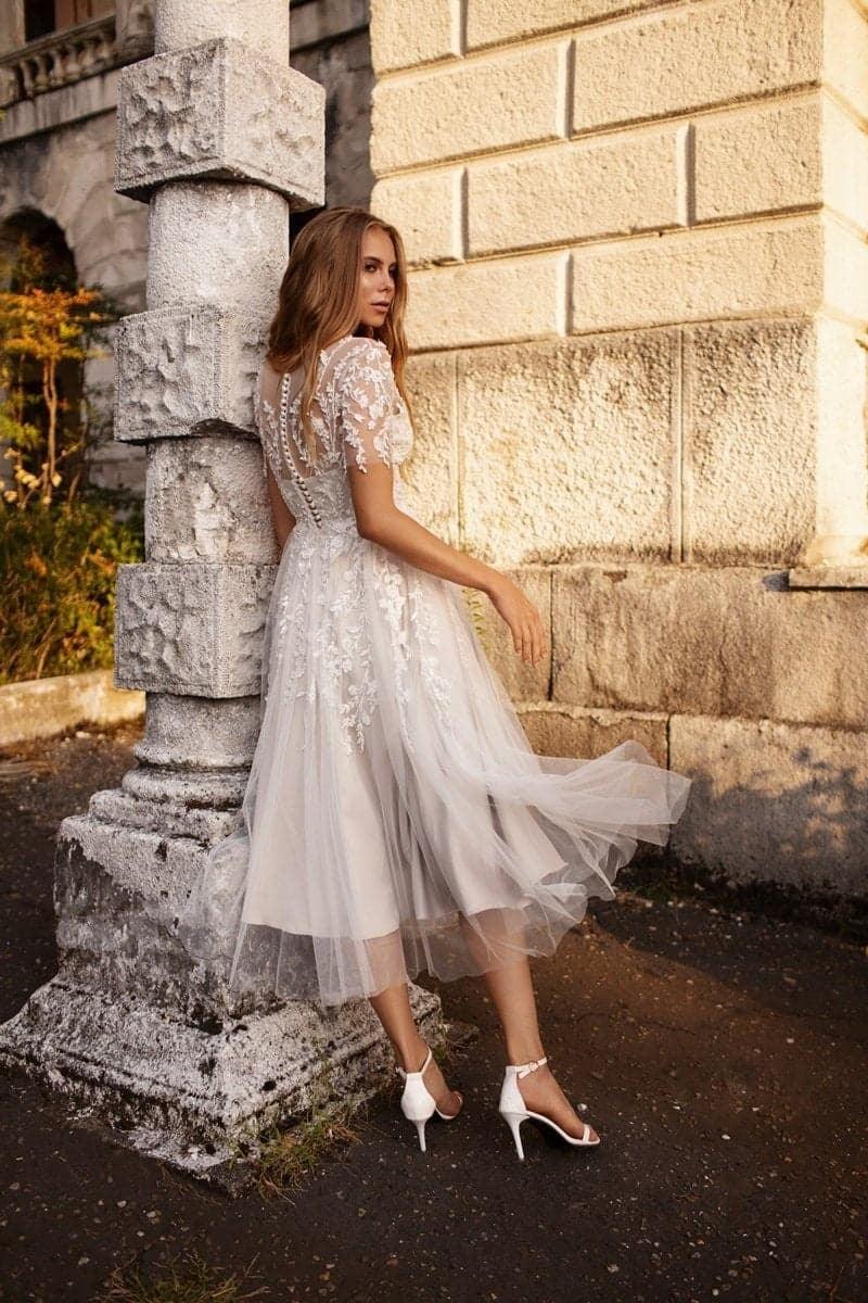A-Line Tea Length Lace Tulle Wedding Dress CW3427
