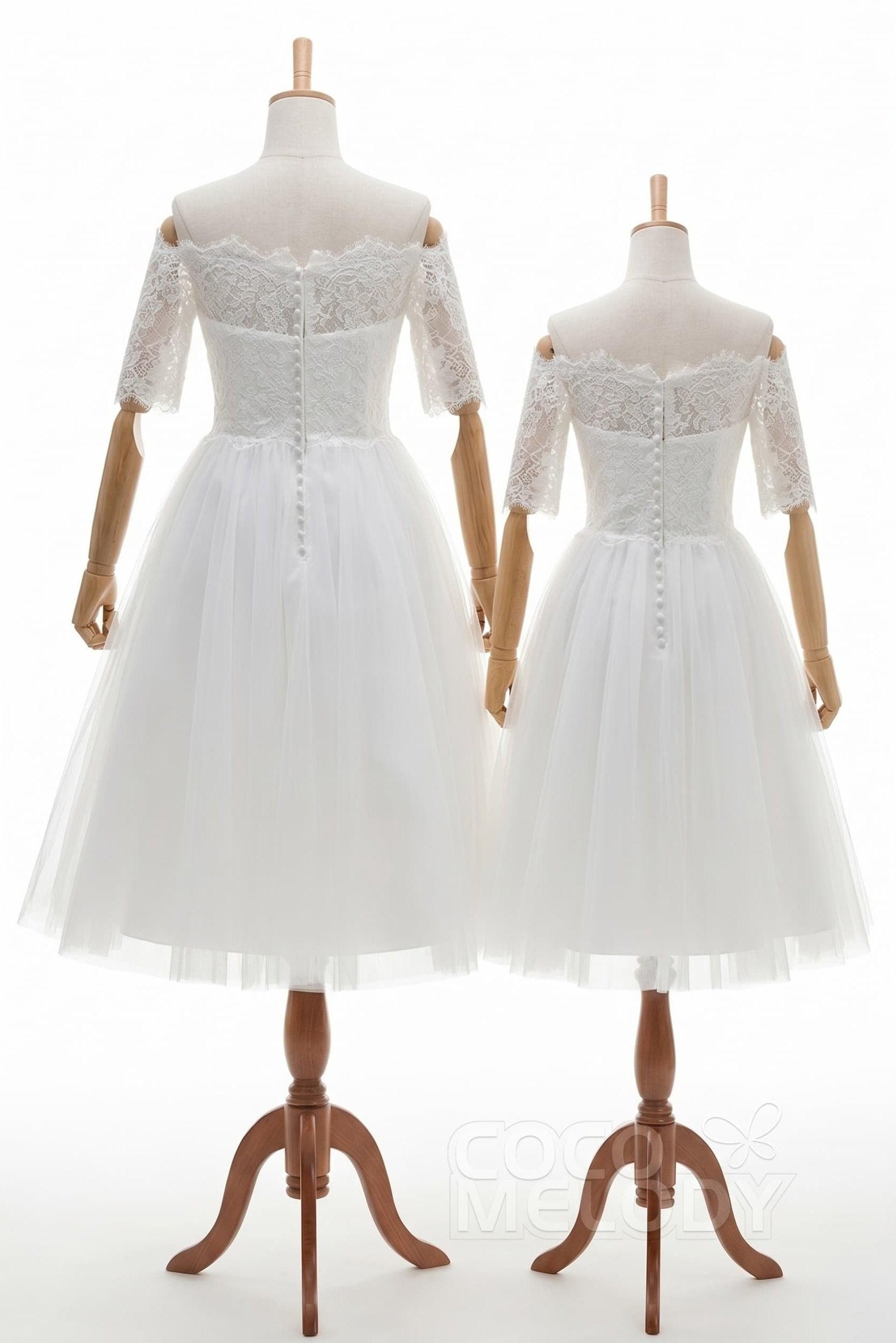 A-Line Tea Length Lace Tulle Wedding Dress CW3428