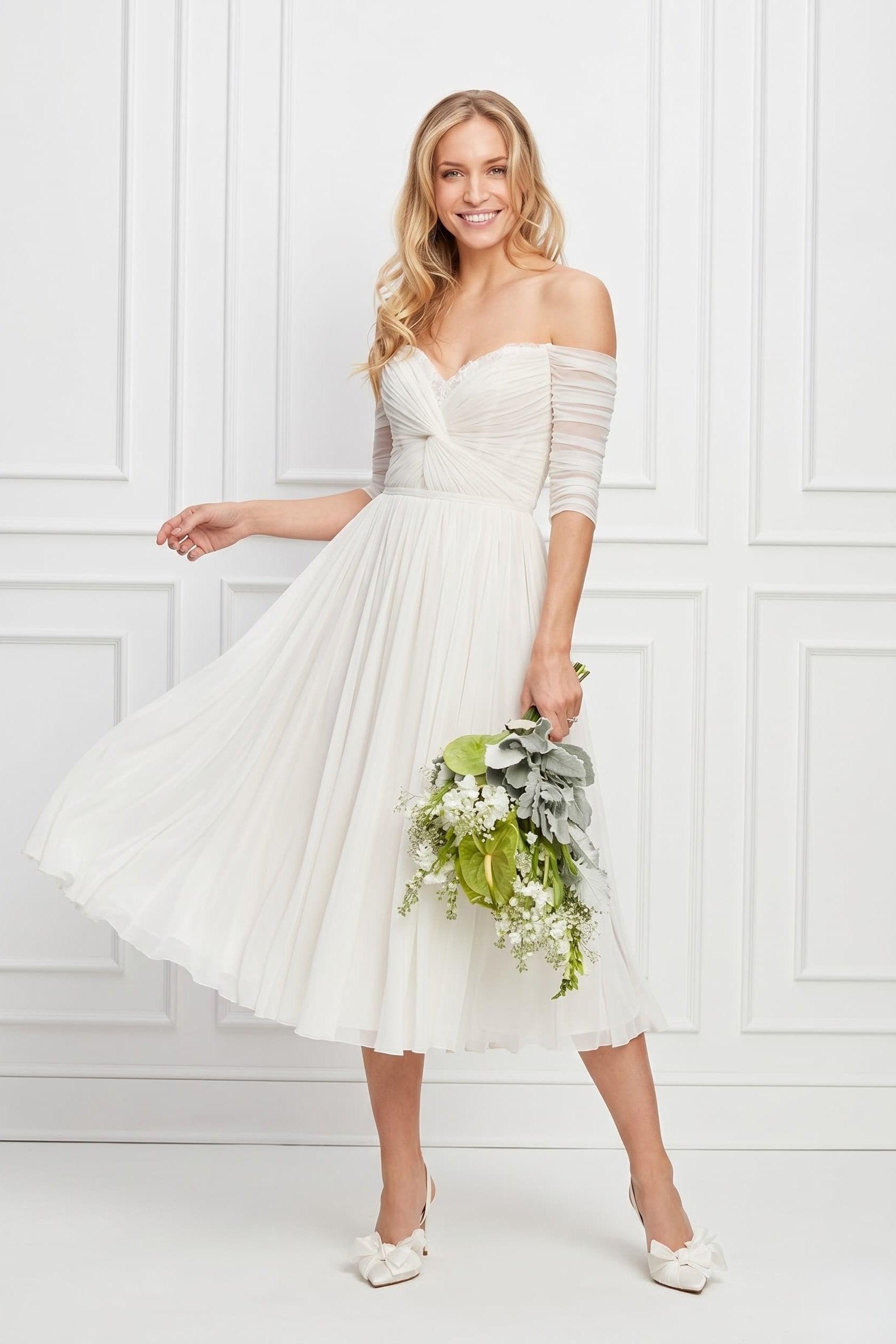 A-Line Tea Length Lace Chiffon Wedding Dress CW3431