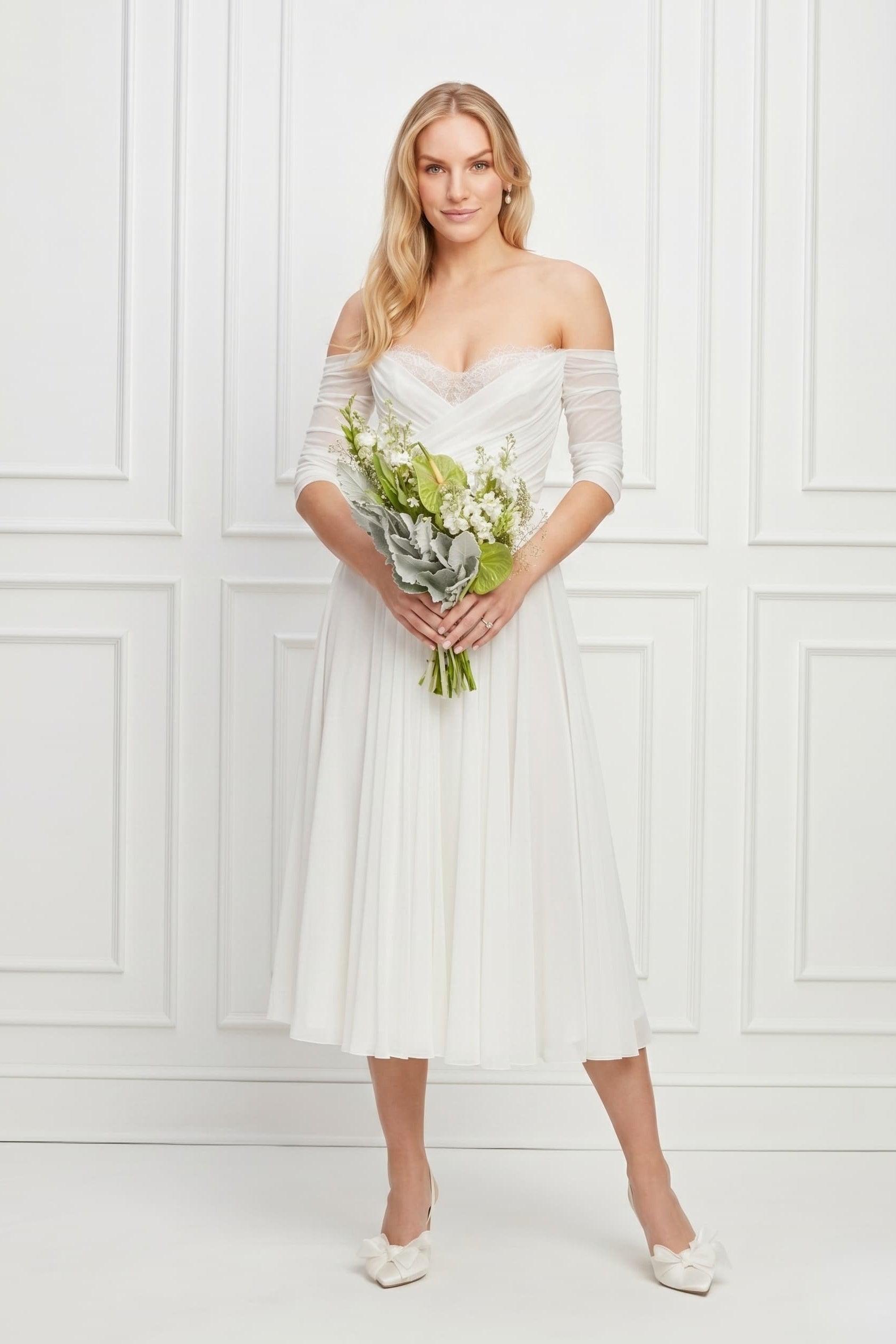 A-Line Tea Length Lace Chiffon Wedding Dress CW3431