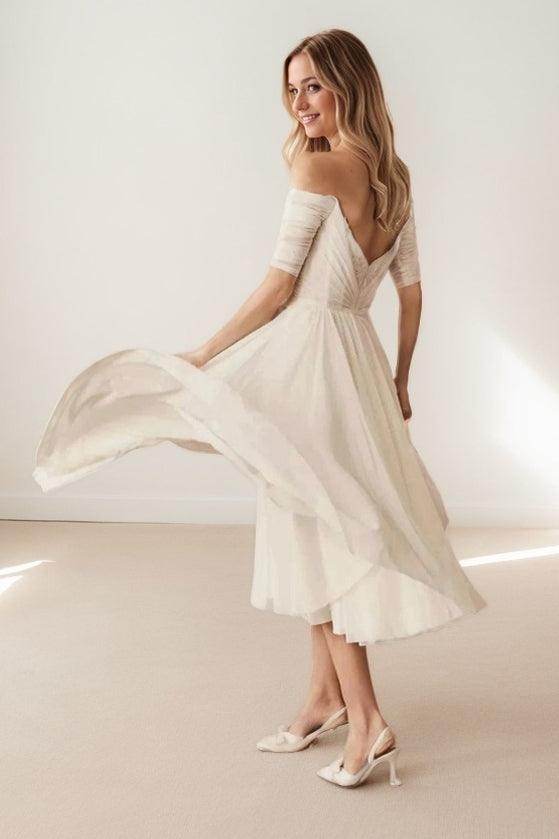 A-Line Tea Length Lace Chiffon Wedding Dress CW3431