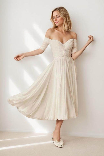 A-Line Tea Length Lace Chiffon Wedding Dress CW3431
